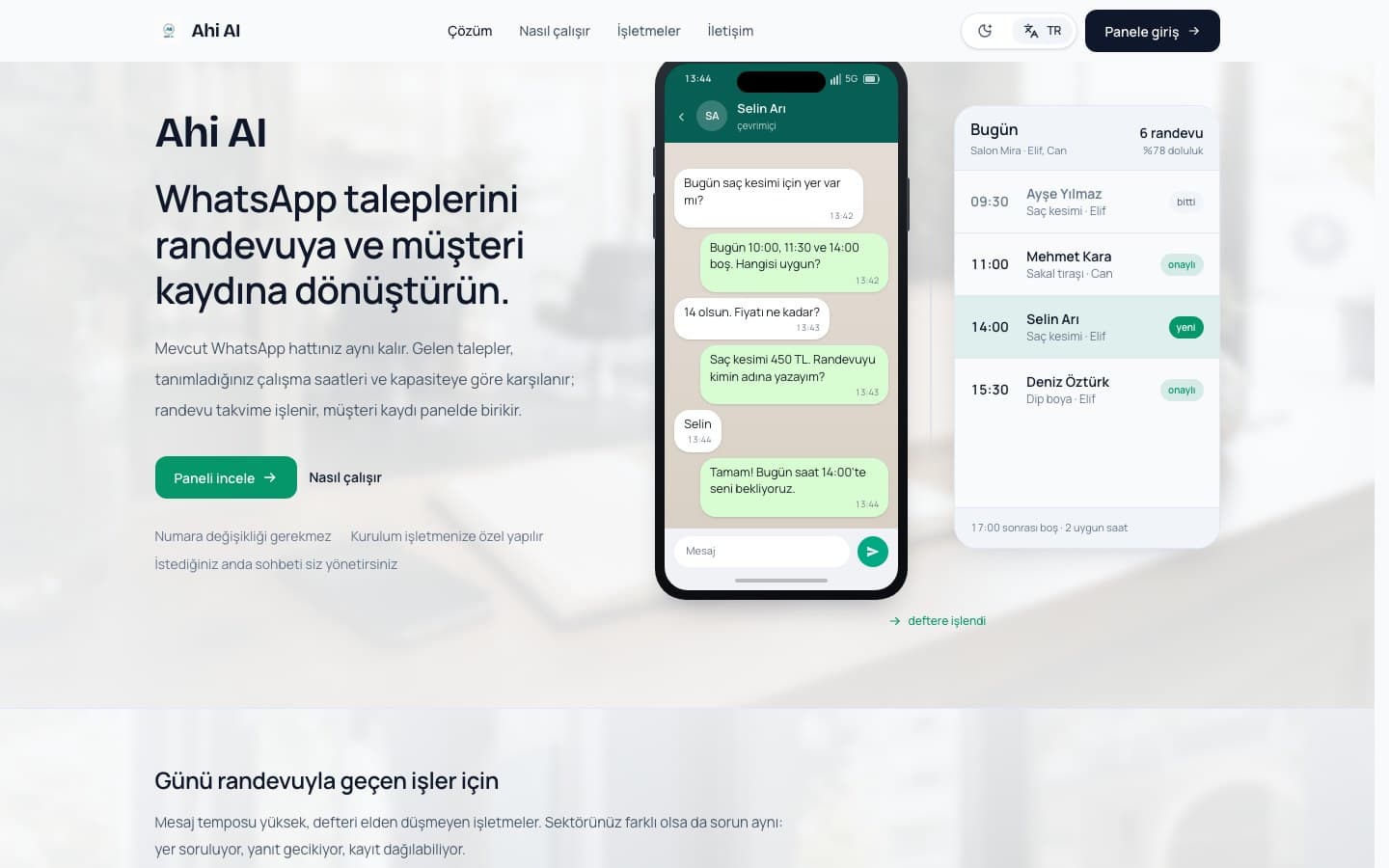 METEK Technologies tarafından geliştirilen Ahi AI için örnek randevu ve müşteri iletişimi arayüzü
