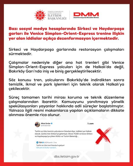 DMM, Sirkeci ve Haydarpaşa garları ile Venice Simplon-Orient-Express trenine ilişkin iddiaları yalandı