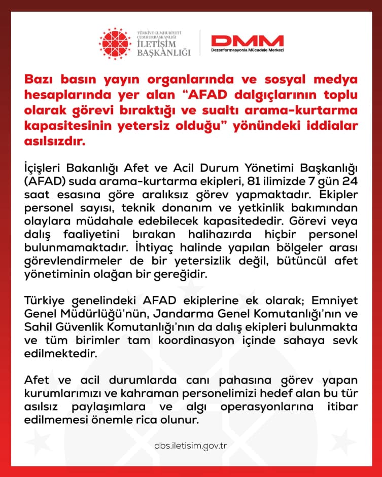 DMM, 'AFAD dalgıçlarının toplu olarak görevi bıraktığı' iddialarını yalanladı