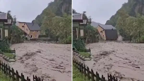 Sakarya'da korkutan anlar: İki katlı ev dereye devrildi